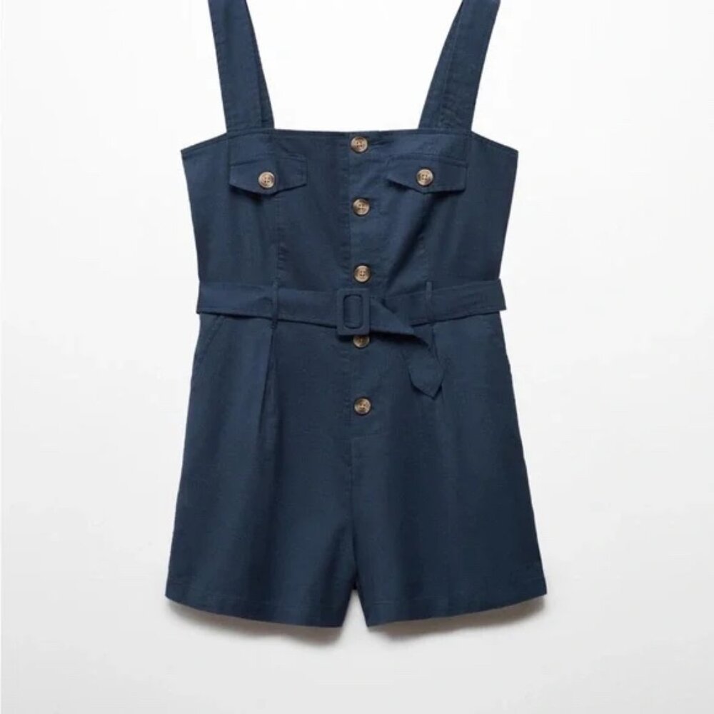 Mango Navy Belted Button Down Romper Size XS